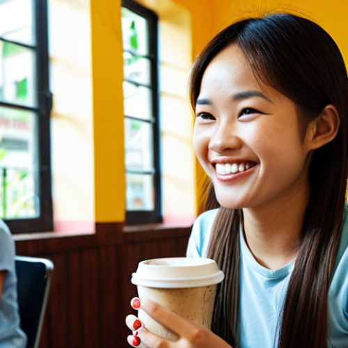 A Vietnamese student confidently speaking English in a language club.** Focus on a modern, friendly setting in Vietnam, perhaps a cafe or community center, with a mix of ages and backgrounds. The student is smiling and engaged in conversation, holding a coffee.

**