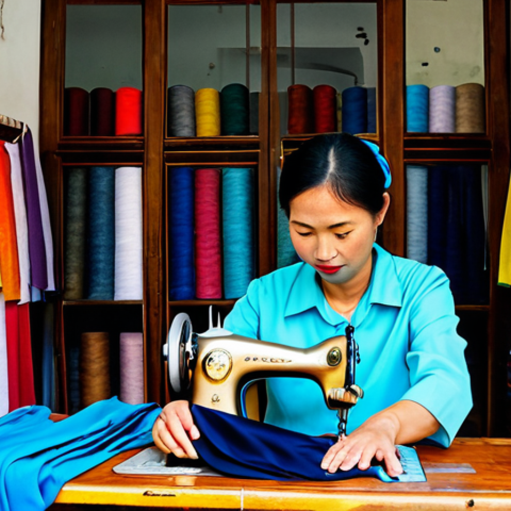 Hoi An Tailor Shop**

"A bustling tailor shop in Hoi An, Vietnam.  Skilled tailors are working at sewing machines, surrounded by colorful fabrics and traditional Vietnamese clothing.  Customers are being fitted for ao dais.  Warm, natural lighting.  Professional photography, detailed textures, perfect anatomy, correct proportions, natural pose, fully clothed, modest clothing, appropriate attire, safe for work, family-friendly."

**