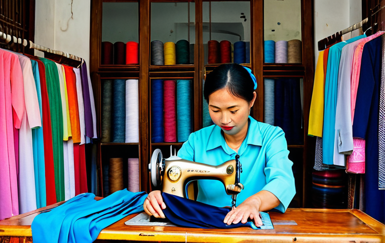 Hoi An Tailor Shop**

"A bustling tailor shop in Hoi An, Vietnam.  Skilled tailors are working at sewing machines, surrounded by colorful fabrics and traditional Vietnamese clothing.  Customers are being fitted for ao dais.  Warm, natural lighting.  Professional photography, detailed textures, perfect anatomy, correct proportions, natural pose, fully clothed, modest clothing, appropriate attire, safe for work, family-friendly."

**