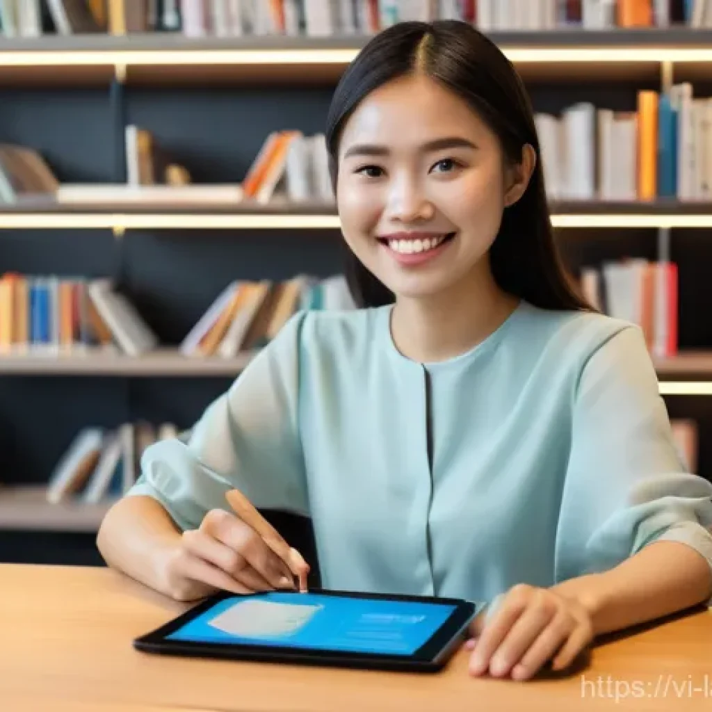 언어 교육에서의 개별화 학습 - A vibrant, high-definition image featuring a young Vietnamese woman, appearing to be in her early tw...