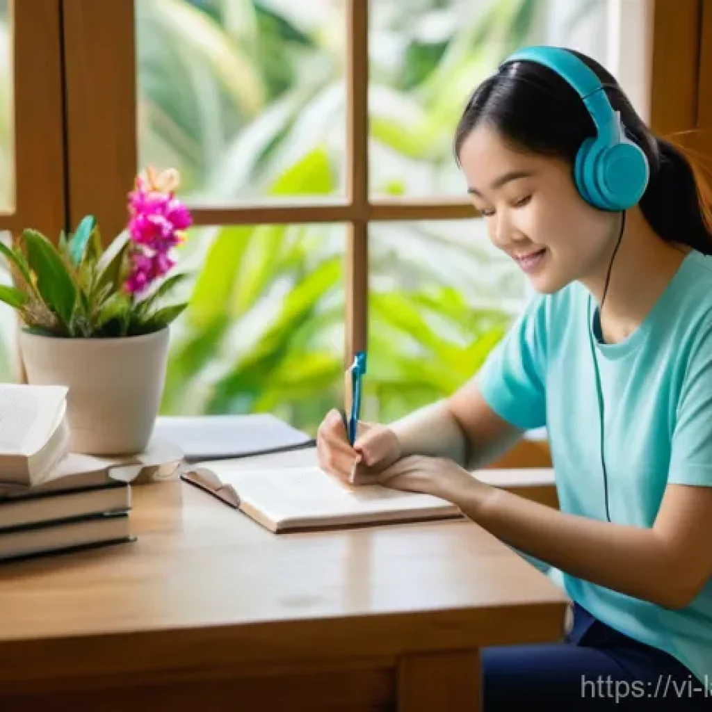 언어 교육에서의 학습 이론 - A serene and inviting indoor scene of a young Vietnamese woman, in her mid-20s, dressed in a comfort...