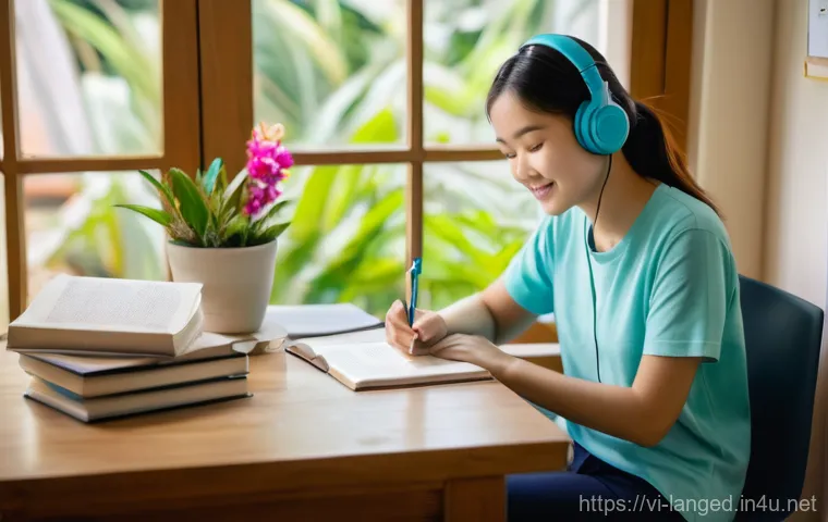 언어 교육에서의 학습 이론 - A serene and inviting indoor scene of a young Vietnamese woman, in her mid-20s, dressed in a comfort...