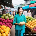 언어 교육에서의 비주얼 학습 - **Prompt 1: Bustling Vietnamese Market Scene**
    A vibrant, sun-drenched outdoor Vietnamese market...