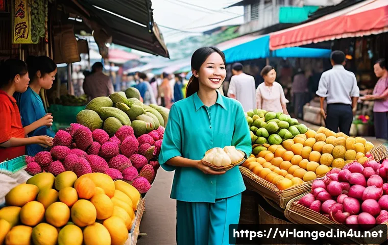 언어 교육에서의 비주얼 학습 - **Prompt 1: Bustling Vietnamese Market Scene**
    A vibrant, sun-drenched outdoor Vietnamese market...