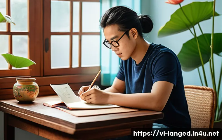 언어 교육에서의 자가 평가 - A young Vietnamese adult sitting at a wooden desk in a cozy, sunlit room, writing diligently in a la...