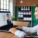 Home 22 언어교육학의 미래 - A vibrant digital classroom scene featuring a Vietnamese young adult studying multiple languages on ...
