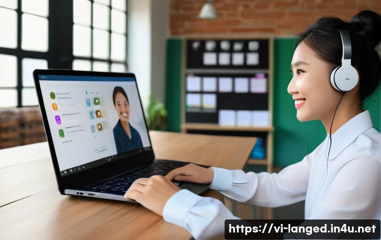 언어교육학의 미래 - A vibrant digital classroom scene featuring a Vietnamese young adult studying multiple languages on ...