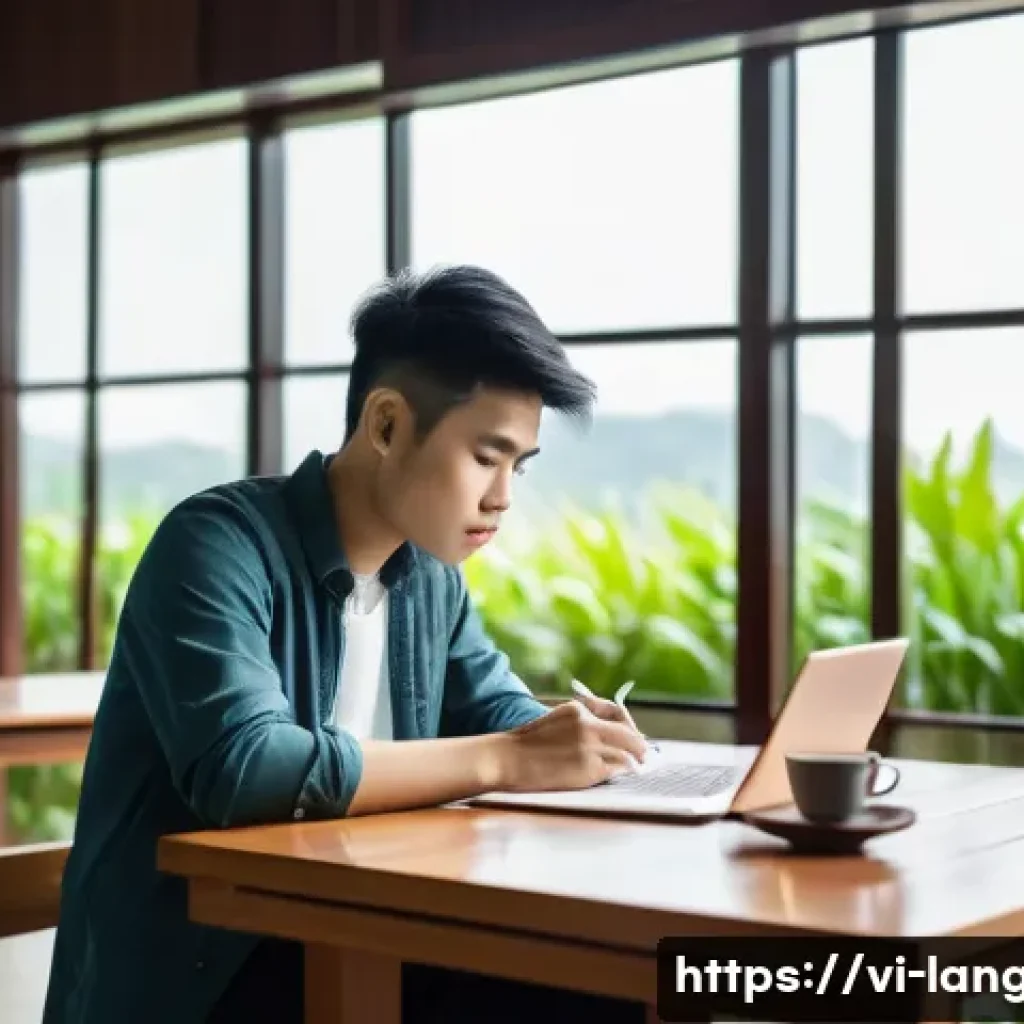 언어 교육에서의 학술적 글쓰기 - A Vietnamese university student sitting at a wooden desk in a modern library, surrounded by academic...