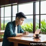 Home 21 언어 교육에서의 학술적 글쓰기 - A Vietnamese university student sitting at a wooden desk in a modern library, surrounded by academic...