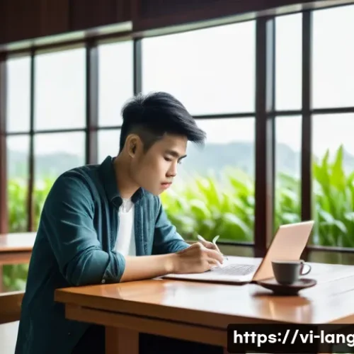 Home 33 언어 교육에서의 학술적 글쓰기 - A Vietnamese university student sitting at a wooden desk in a modern library, surrounded by academic...
