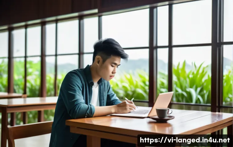언어 교육에서의 학술적 글쓰기 - A Vietnamese university student sitting at a wooden desk in a modern library, surrounded by academic...