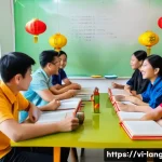 Home 20 언어 교육에서의 학습자 상호작용 - A vibrant classroom scene in Vietnam with a diverse group of adult students sitting around a table e...