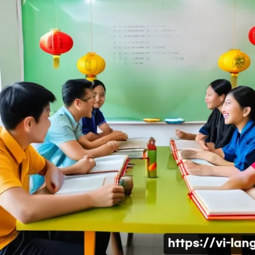 Home 32 언어 교육에서의 학습자 상호작용 - A vibrant classroom scene in Vietnam with a diverse group of adult students sitting around a table e...