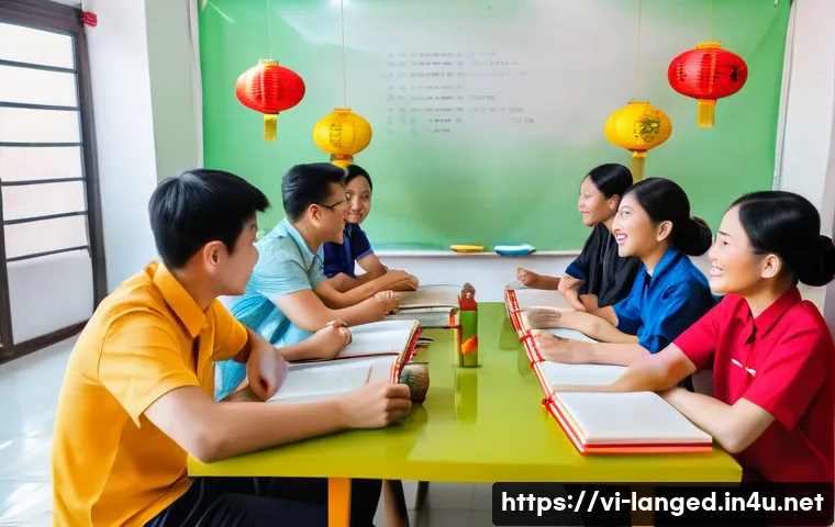 언어 교육에서의 학습자 상호작용 - A vibrant classroom scene in Vietnam with a diverse group of adult students sitting around a table e...