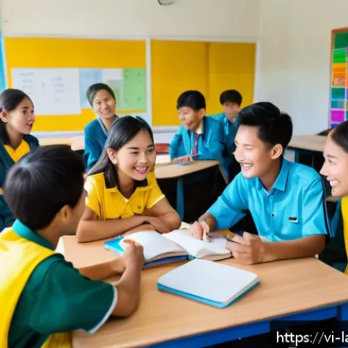 Home 31 언어 교육에서의 학생 참여 유도 - A vibrant classroom scene in a modern Vietnamese school where a diverse group of enthusiastic teenag...