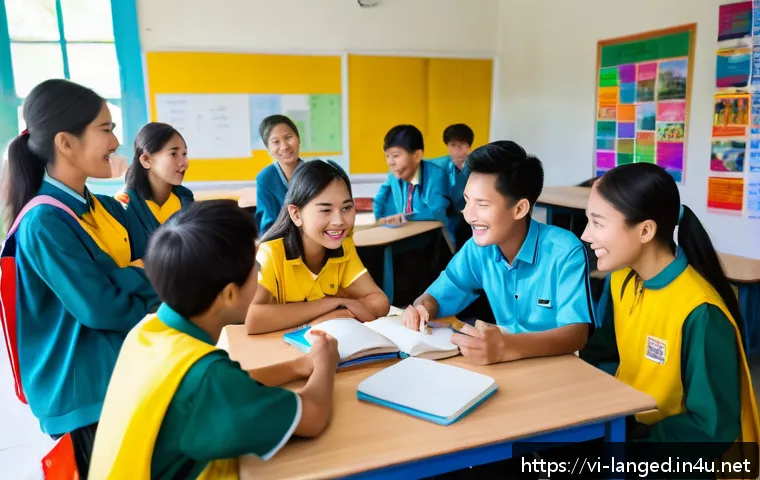 언어 교육에서의 학생 참여 유도 - A vibrant classroom scene in a modern Vietnamese school where a diverse group of enthusiastic teenag...