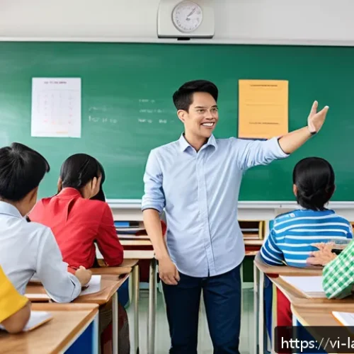 Home 17 언어 교사의 역할 - A modern language classroom scene in Vietnam, featuring a diverse group of adult students actively e...