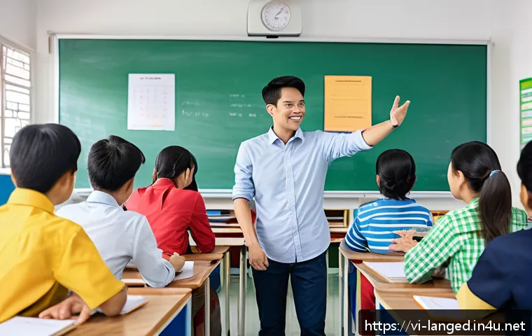 언어 교사의 역할 - A modern language classroom scene in Vietnam, featuring a diverse group of adult students actively e...