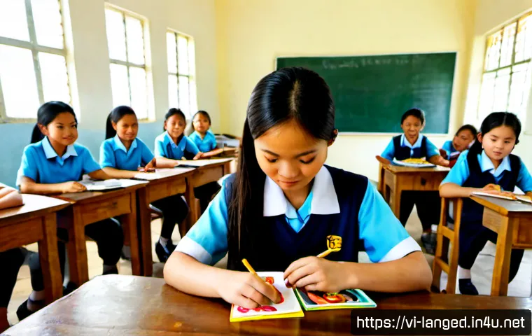 Home 17 언어 교육 정책 - Photorealistic Vietnamese primary school classroom during a language education policy lesson, divers...